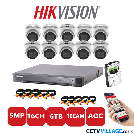 Hikvision 5MP CCTV Kit 16 Channel DVR-iDS-7216HQHI-K1/4S with 10 Turret Cameras DS-2CE76H0T-ITMS White 6TB HDD Full Kit