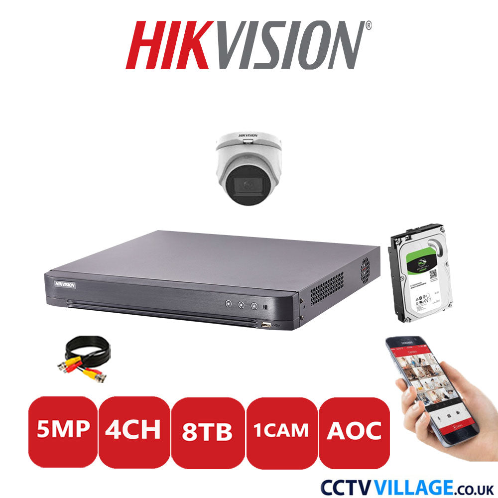 Hikvision 5MP CCTV Kit 4 Channel DVR-iDS-7204HQHI-K1/2S with 1x Turret Camera DS-2CE76H0T-ITMFS White 8TB HDD Full Kit