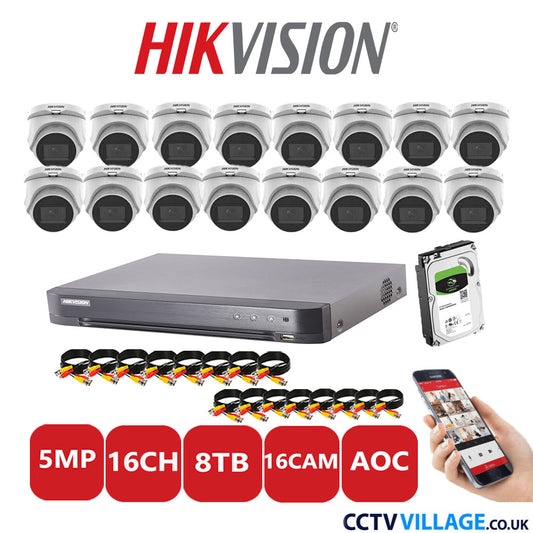 Hikvision 5MP CCTV Kit 16 Channel DVR-iDS-7216HQHI-K1/4S with 16 Turret Cameras DS-2CE76H0T-ITMS White 8TB HDD Full Kit