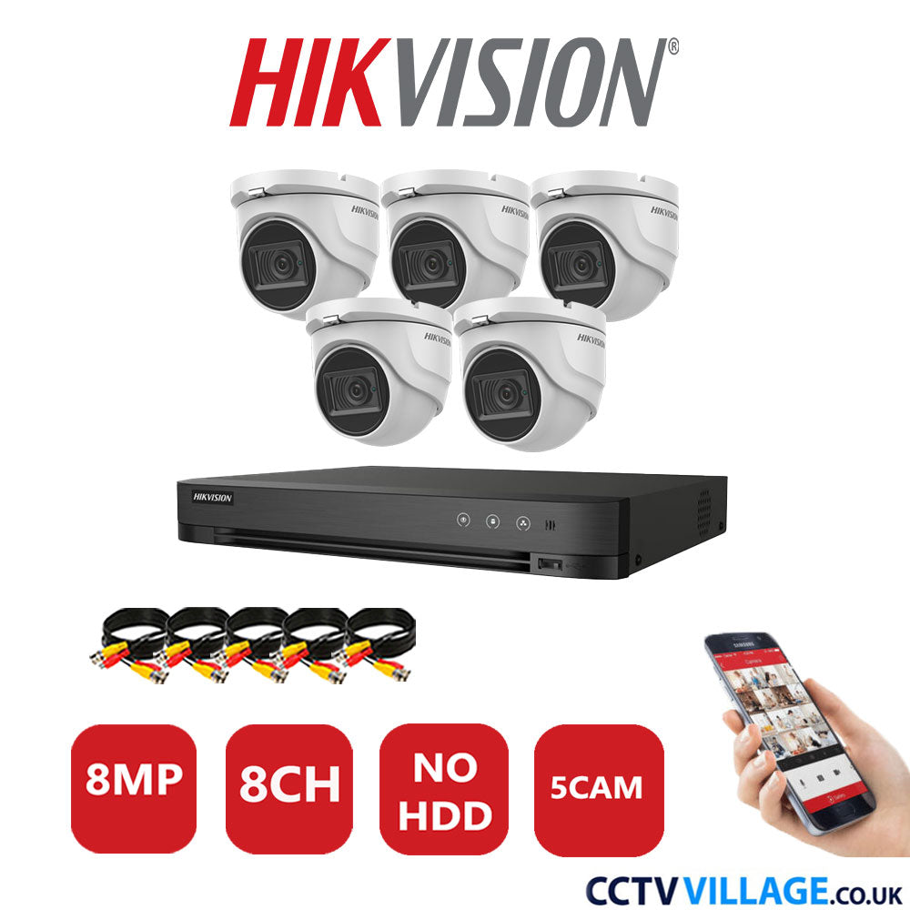 Hikvision 8MP CCTV Kit 8 Channel DVR-iDS-7208HUHI-M1/S with 5x Turret Cameras DS-2CE76U1T-ITMF White No HDD Full Kit