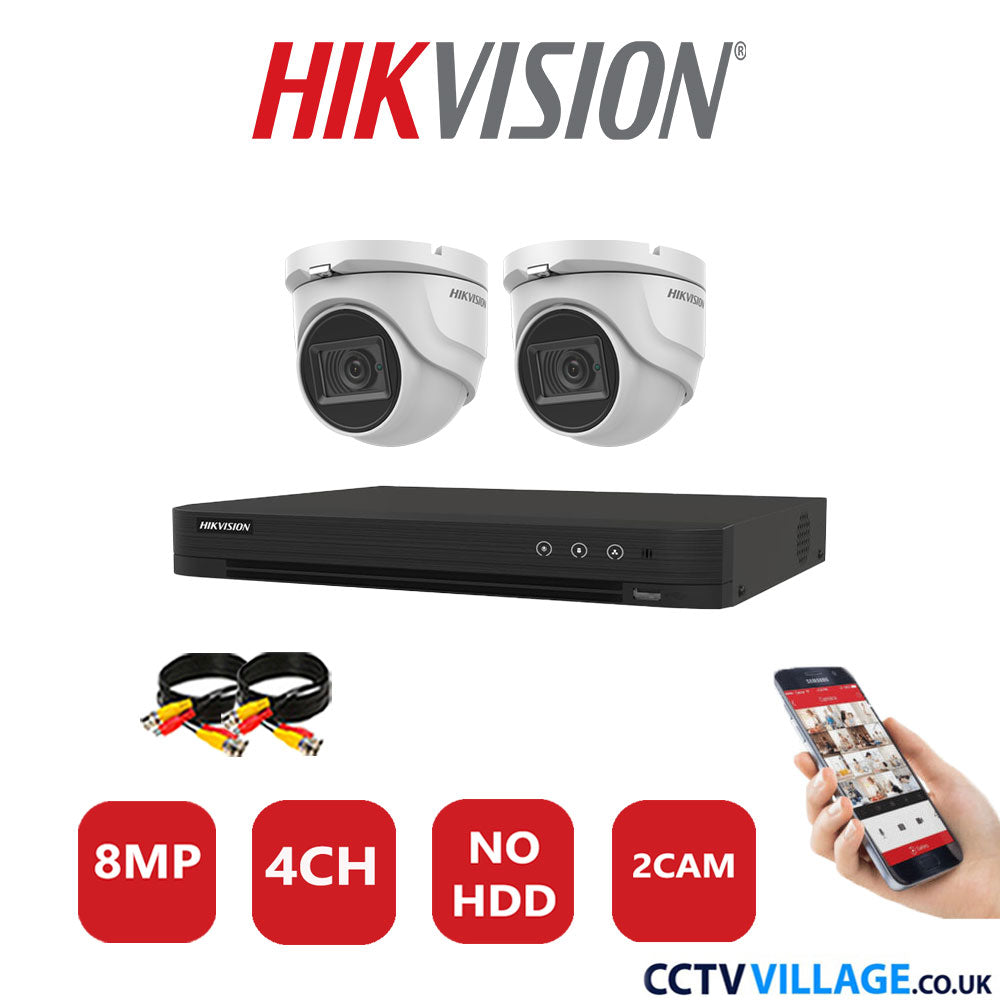 Hikvision 8MP CCTV System 4 Channel DVR-iDS-7204HUHI-M1/S with 2x Turret Cameras DS-2CE76U1T-ITMF White No HDD Full Kit