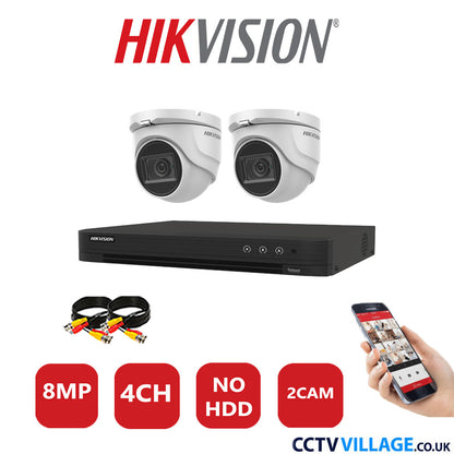 Hikvision 8MP CCTV System 4 Channel DVR-iDS-7204HUHI-M1/S with 2x Turret Cameras DS-2CE76U1T-ITMF White No HDD Full Kit