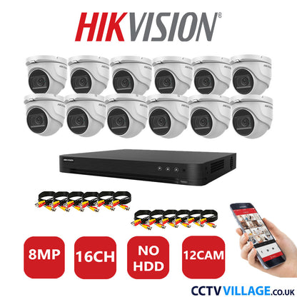 Hikvision 8MP CCTV System 16 Channel DVR-iDS-7216HUHI-M2/S with 12x Turret Cameras DS-2CE76U1T-ITMF White No HDD Full Kit
