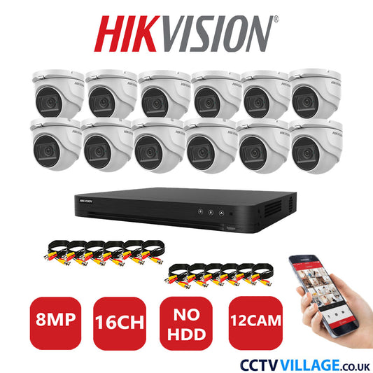 Hikvision 8MP CCTV Kit 16 Channel DVR-iDS-7216HUHI-M2/S with 12x Turret Cameras DS-2CE76U1T-ITMF White No HDD Full Kit