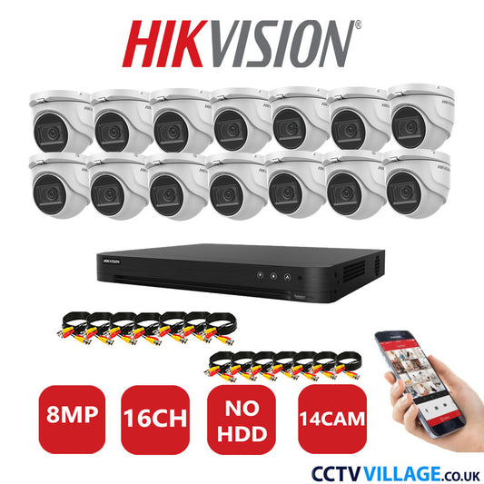 Hikvision 8MP CCTV Kit 16 Channel DVR-iDS-7216HUHI-M2/S with 14x Turret Cameras DS-2CE76U1T-ITMF White No HDD Full Kit