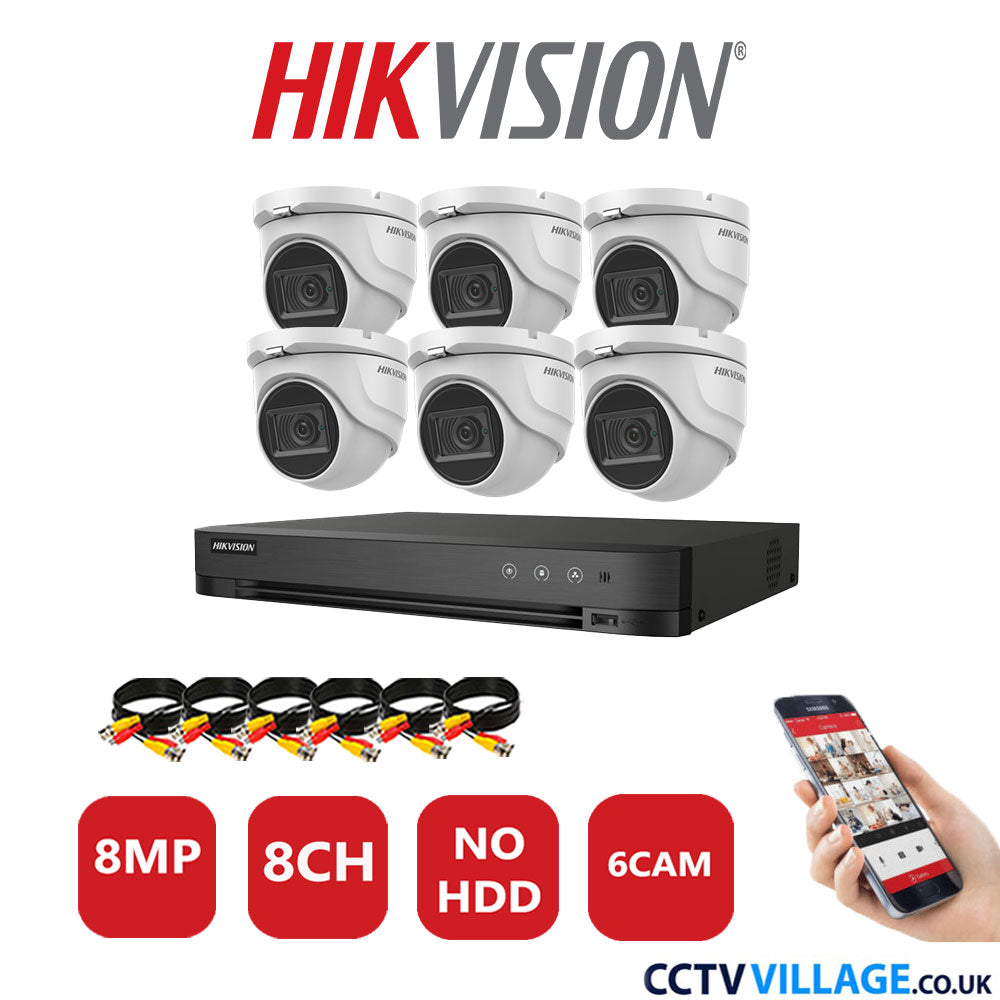 Hikvision 8MP CCTV System 8 Channel DVR-iDS-7208HUHI-M1/S with 6x Turret Cameras DS-2CE76U1T-ITMF White No HDD Full Kit