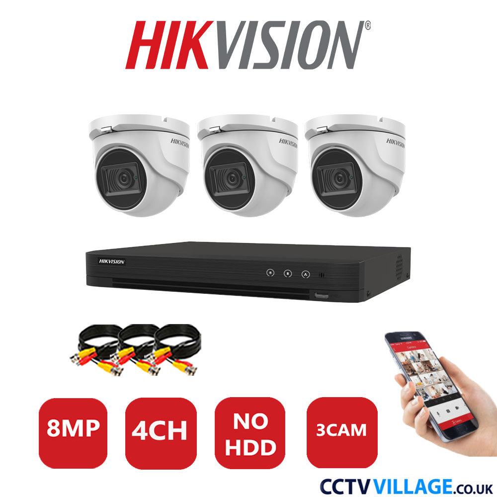 Hikvision 8MP CCTV System 4 Channel DVR-iDS-7204HUHI-M1/S with 3x Turret Cameras DS-2CE76U1T-ITMF White No HDD Full Kit