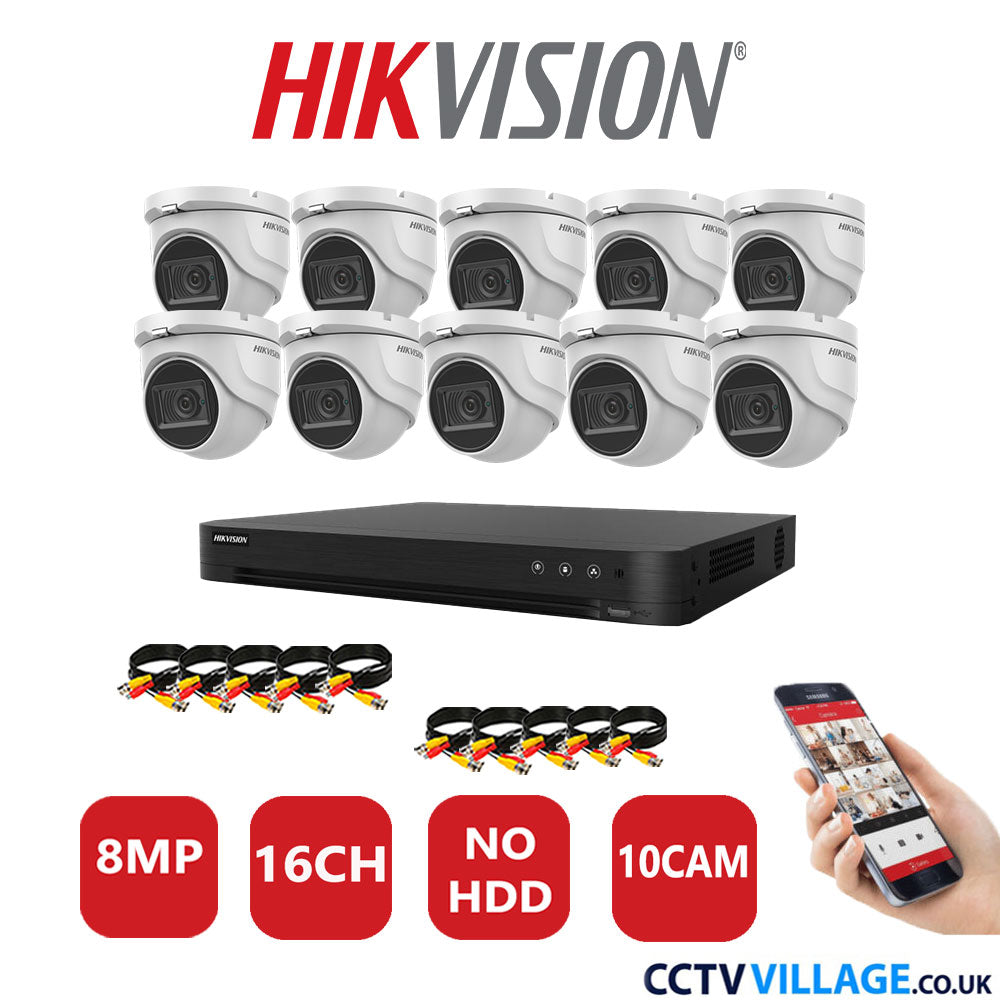 Hikvision 8MP CCTV Kit 16 Channel DVR-iDS-7216HUHI-M2/S with 10x Turret Cameras DS-2CE76U1T-ITMF White No HDD Full Kit