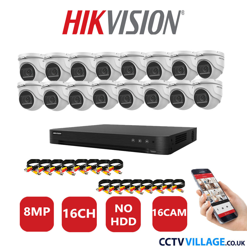 Hikvision 8MP CCTV Kit 16 Channel DVR-iDS-7216HUHI-M2/S with 16x Turret Cameras DS-2CE76U1T-ITMF White No HDD Full Kit