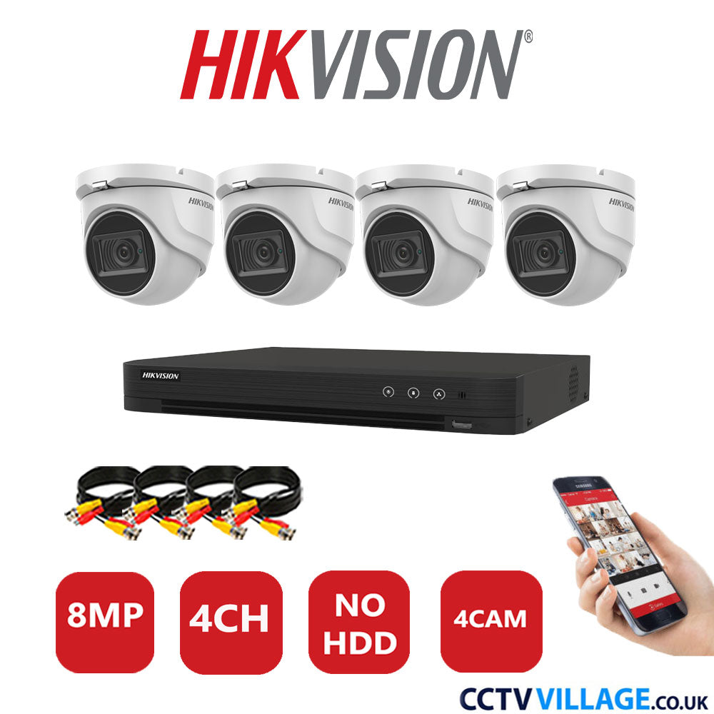 Hikvision 8MP CCTV System 4 Channel DVR-iDS-7204HUHI-M1/S with 4x Turret Cameras DS-2CE76U1T-ITMF White No HDD Full Kit