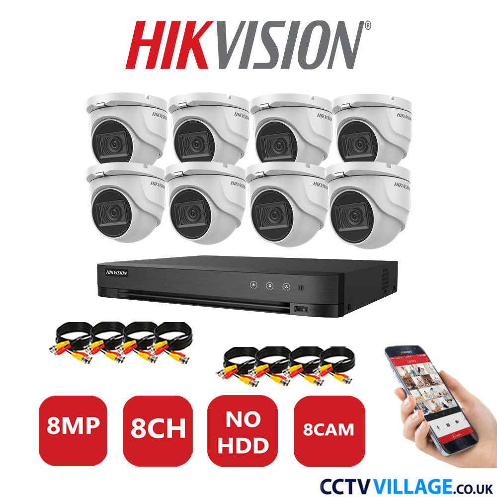 Hikvision 8MP CCTV System 8 Channel DVR-iDS-7208HUHI-M1/S with 8x Turret Cameras DS-2CE76U1T-ITMF White No HDD Full Kit