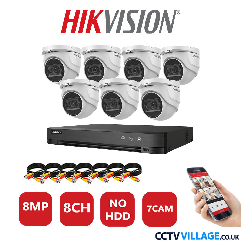 Hikvision 8MP CCTV System 8 Channel DVR-iDS-7208HUHI-M1/S with 7x Turret Cameras DS-2CE76U1T-ITMF White No HDD Full Kit