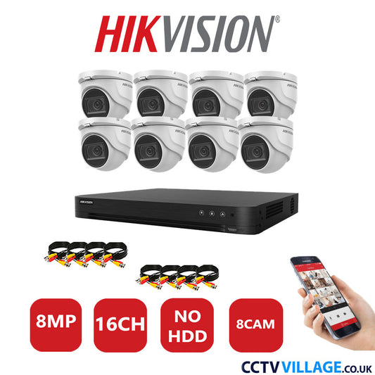 Hikvision 8MP CCTV Kit 16 Channel DVR-iDS-7216HUHI-M2/S with 8x Turret Cameras DS-2CE76U1T-ITMF White No HDD Full Kit