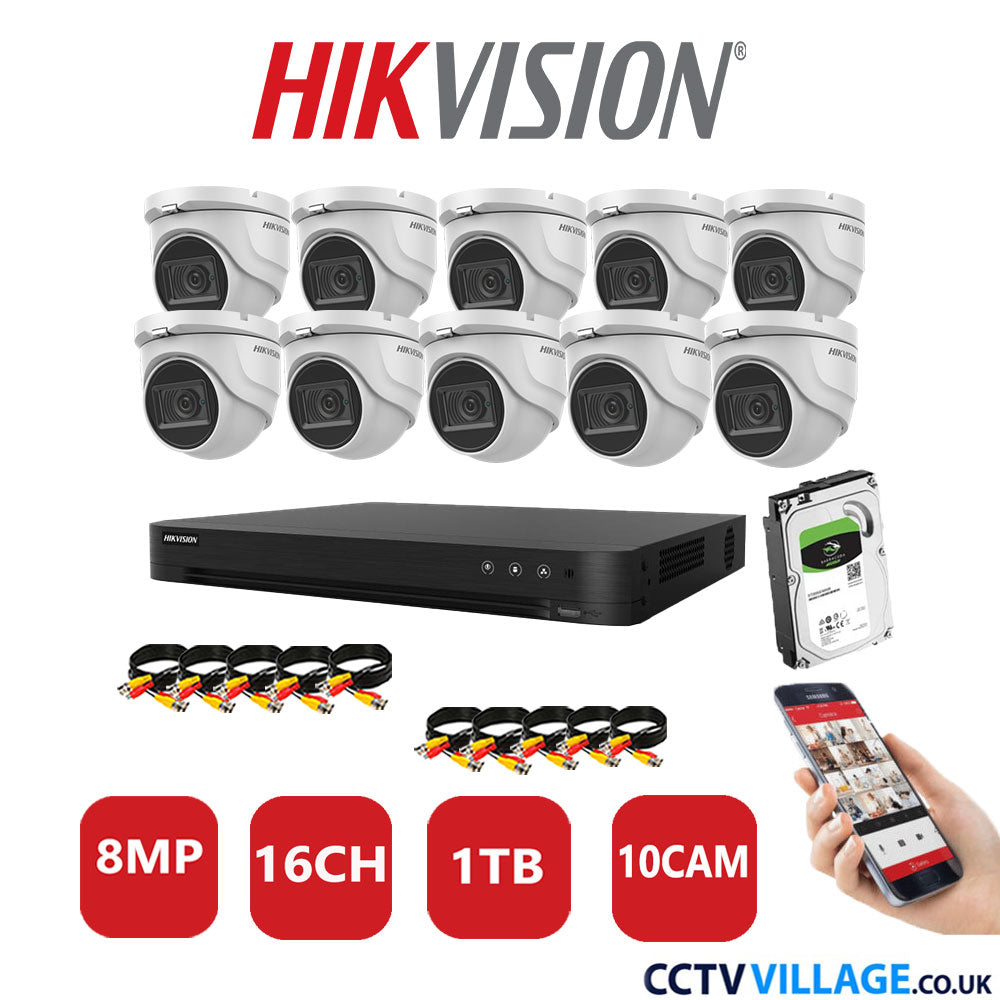 Hikvision 8MP CCTV Kit 16 Channel DVR-iDS-7216HUHI-M2/S with 10x Turret Cameras DS-2CE76U1T-ITMF White 1TB HDD Full Kit