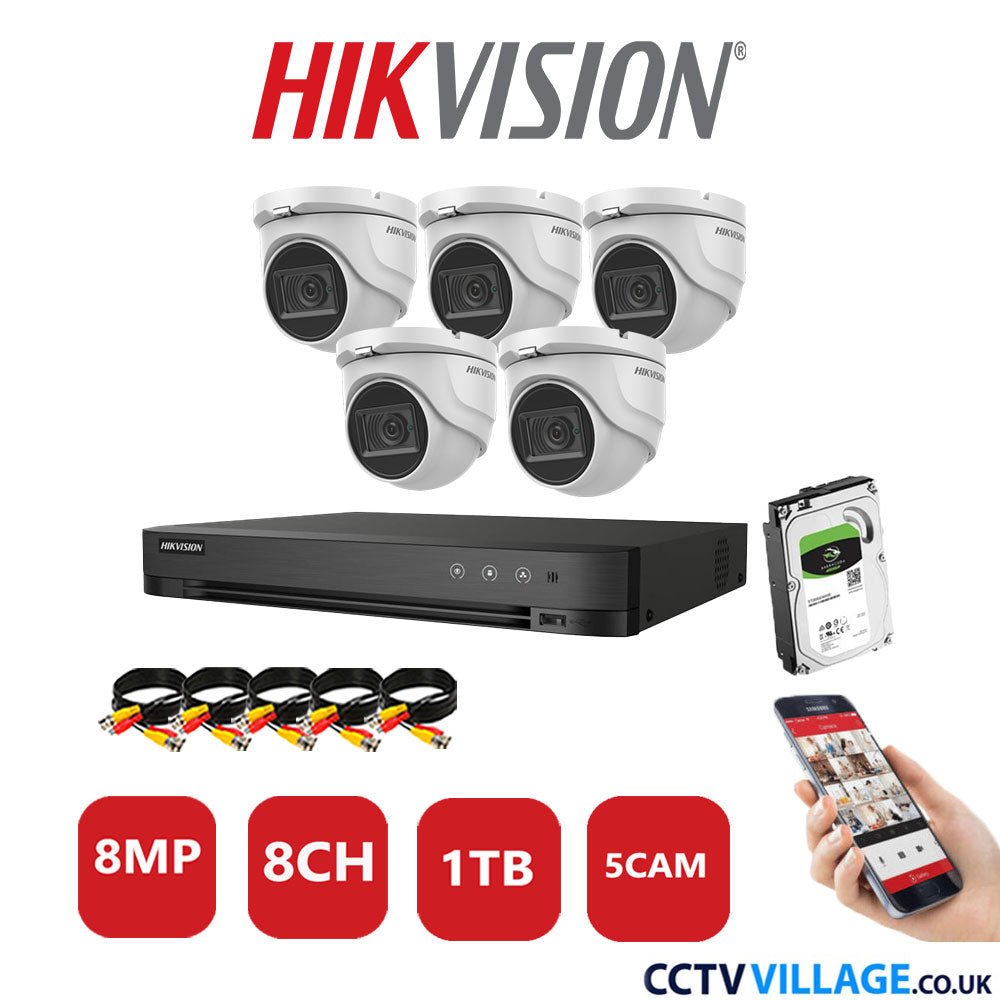 Hikvision 8MP CCTV Kit 8 Channel DVR-iDS-7208HUHI-M1/S with 5x Turret Cameras DS-2CE76U1T-ITMF White 1TB HDD Full Kit