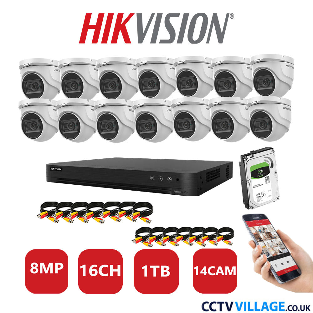 Hikvision 8MP CCTV Kit 16 Channel DVR-iDS-7216HUHI-M2/S with 14x Turret Cameras DS-2CE76U1T-ITMF White 1TB HDD Full Kit