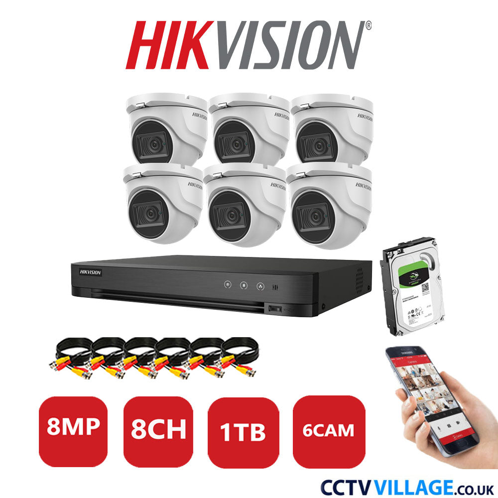 Hikvision 8MP CCTV Kit 8 Channel DVR-iDS-7208HUHI-M1/S with 6x Turret Cameras DS-2CE76U1T-ITMF White 1TB HDD Full Kit