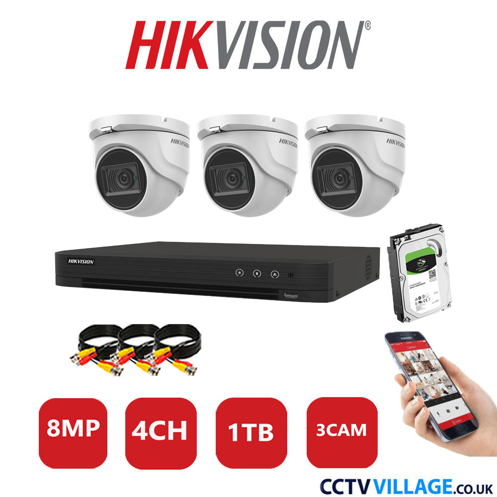 Hikvision 8MP CCTV System 4 Channel DVR-iDS-7204HUHI-M1/S with 3x Turret Cameras DS-2CE76U1T-ITMF White 1TB HDD Full Kit