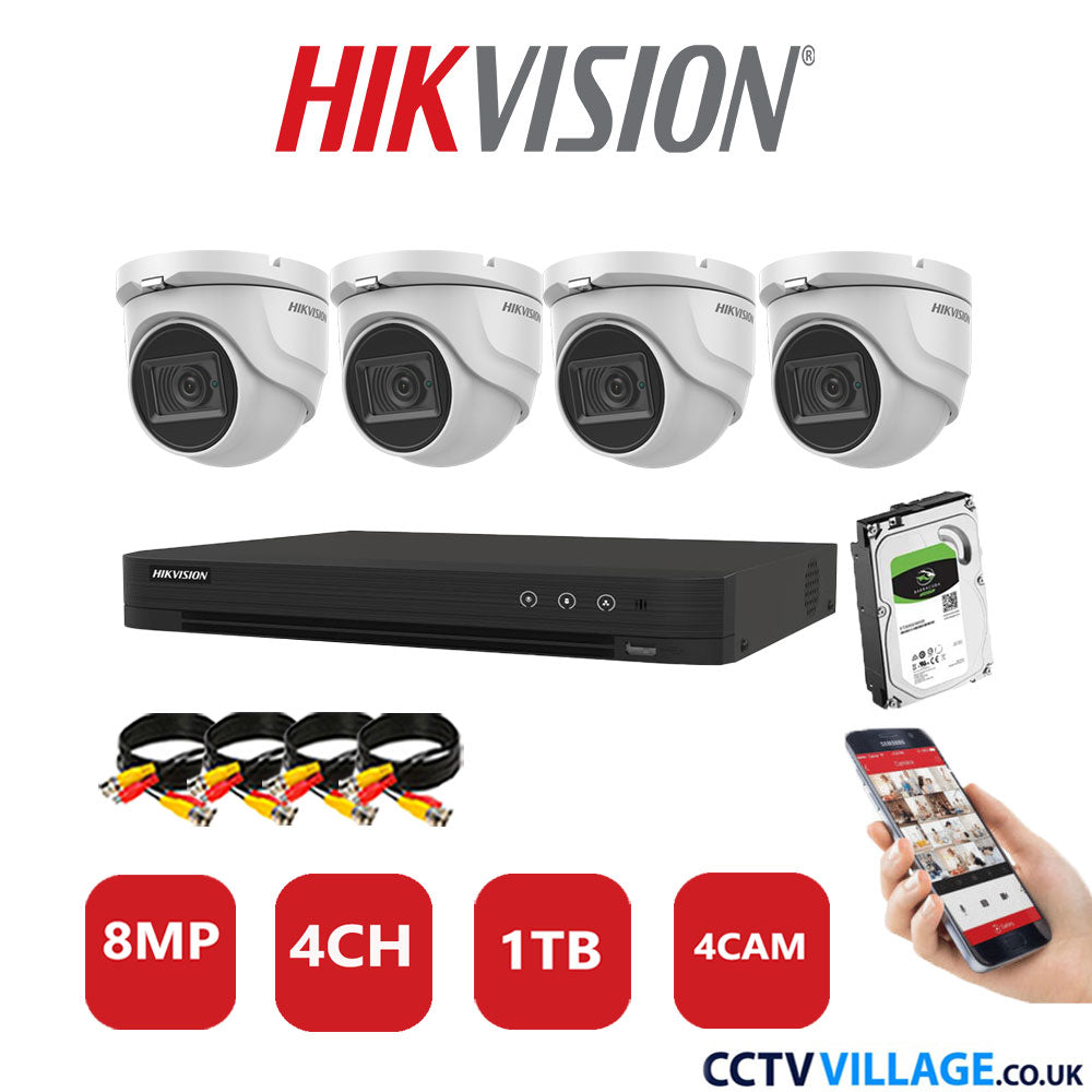 Hikvision 8MP CCTV System 4 Channel DVR-iDS-7204HUHI-M1/S with 4x Turret Cameras DS-2CE76U1T-ITMF White 1TB HDD Full Kit