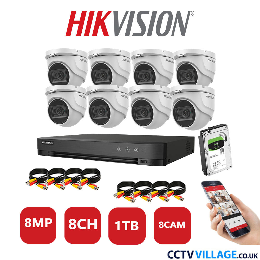 Hikvision 8MP CCTV Kit 8 Channel DVR-iDS-7208HUHI-M1/S with 8x Turret Cameras DS-2CE76U1T-ITMF White 1TB HDD Full Kit