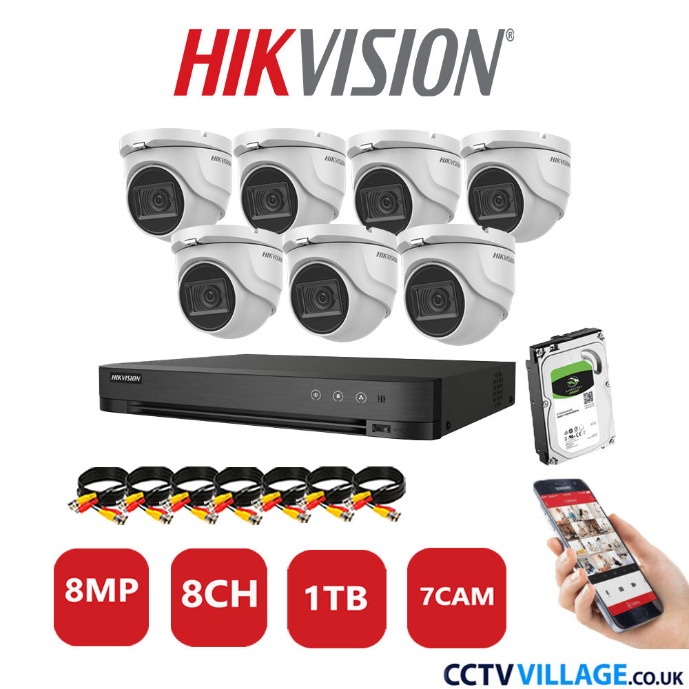 Hikvision 8MP CCTV Kit 8 Channel DVR-iDS-7208HUHI-M1/S with 7x Turret Cameras DS-2CE76U1T-ITMF White 1TB HDD Full Kit