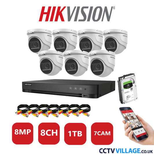 Hikvision 8MP CCTV Kit 8 Channel DVR-iDS-7208HUHI-M1/S with 7x Turret Cameras DS-2CE76U1T-ITMF White 1TB HDD Full Kit