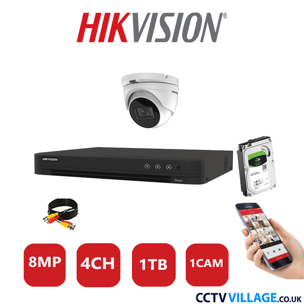 Hikvision 8MP CCTV Kit 4 Channel DVR-iDS-7204HUHI-M1/S with 1x Turret Camera DS-2CE76U1T-ITMF White 1TB HDD Full Kit