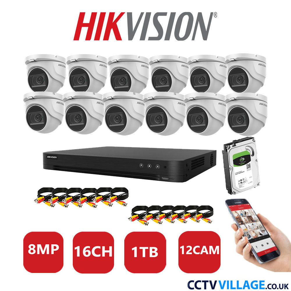 Hikvision 8MP CCTV Kit 16 Channel DVR-iDS-7216HUHI-M2/S with 12x Turret Cameras DS-2CE76U1T-ITMF White 1TB HDD Full Kit