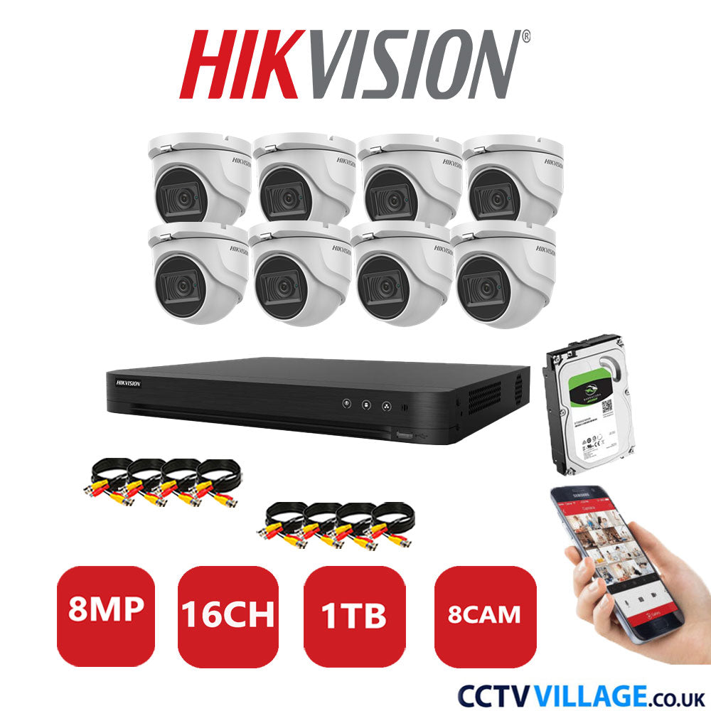 Hikvision 8MP CCTV System 16 Channel DVR-iDS-7216HUHI-M2/S with 8x Turret Cameras DS-2CE76U1T-ITMF White 1TB HDD Full Kit