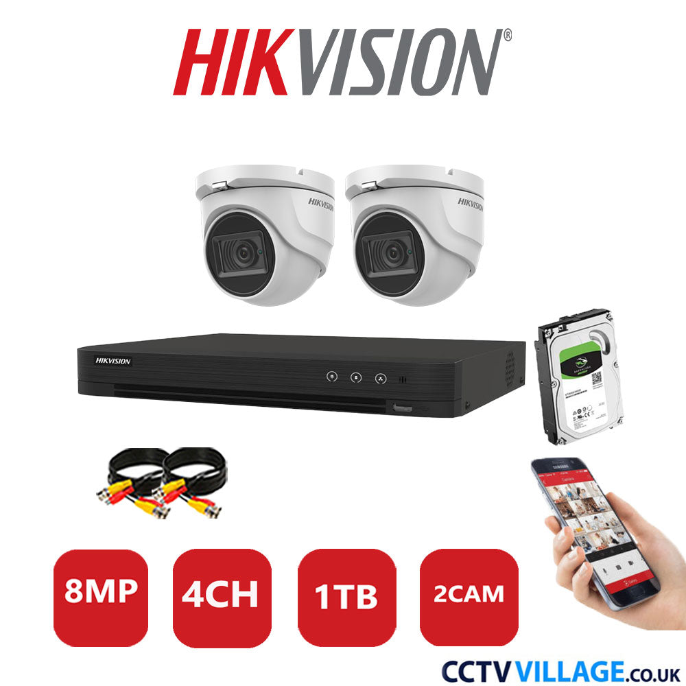 Hikvision 8MP CCTV System 4 Channel DVR-iDS-7204HUHI-M1/S with 2x Turret Cameras DS-2CE76U1T-ITMF White 1TB HDD Full Kit