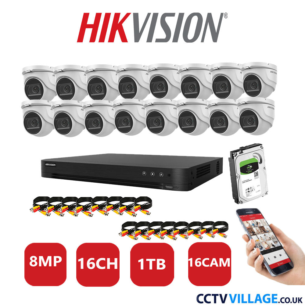 Hikvision 8MP CCTV Kit 16 Channel DVR-iDS-7216HUHI-M2/S with 16x Turret Cameras DS-2CE76U1T-ITMF White 1TB HDD Full Kit