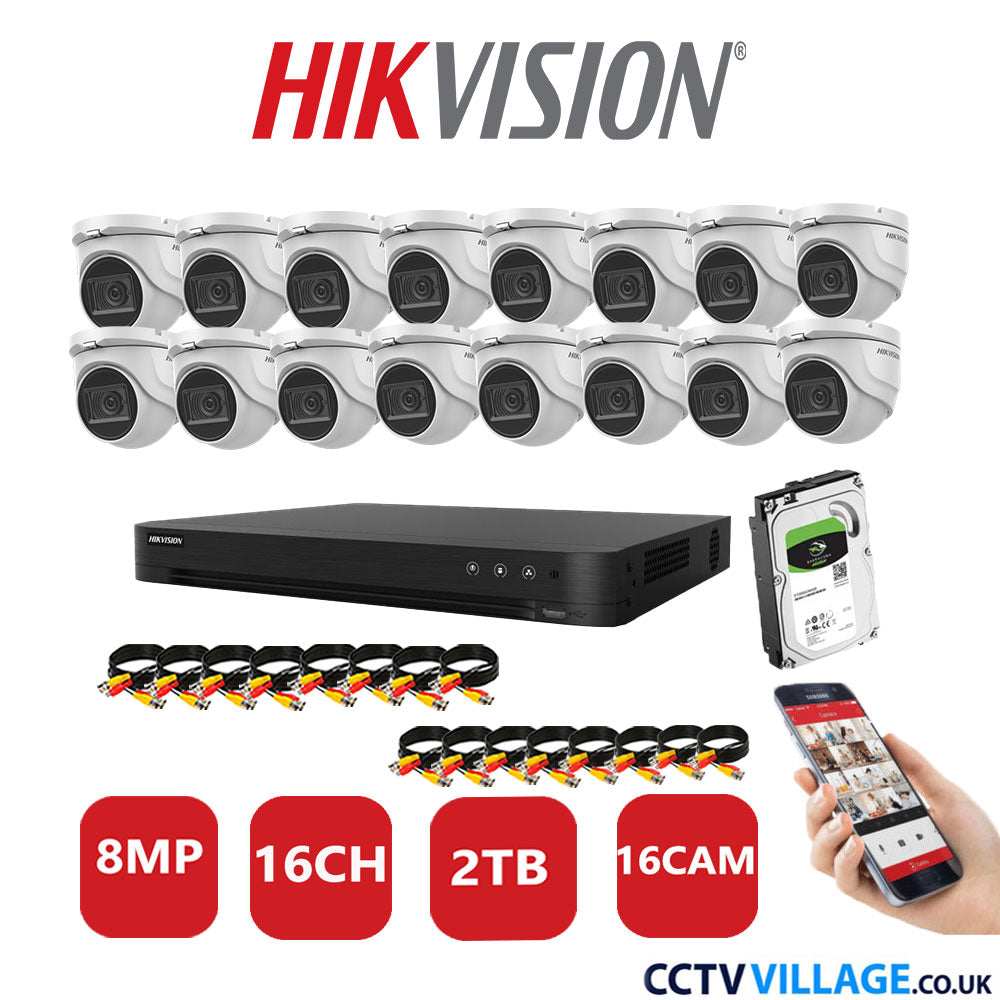 Hikvision 8MP CCTV Kit 16 Channel DVR-iDS-7216HUHI-M2/S with 16X Turret Cameras DS-2CE76U1T-ITMF White 2TB HDD Full Kit