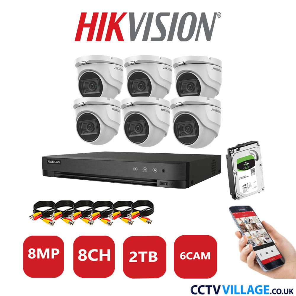 Hikvision 8MP CCTV System 8 Channel DVR-iDS-7208HUHI-M1/S with 6x Turret Cameras DS-2CE76U1T-ITMF White 2TB HDD Full Kit