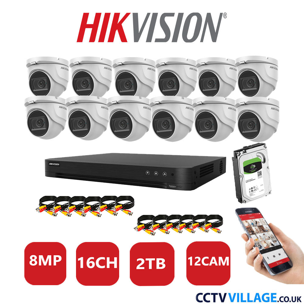 Hikvision 8MP CCTV System 16 Channel DVR-iDS-7216HUHI-M2/S with 12x Turret Cameras DS-2CE76U1T-ITMF White 2TB HDD Full Kit