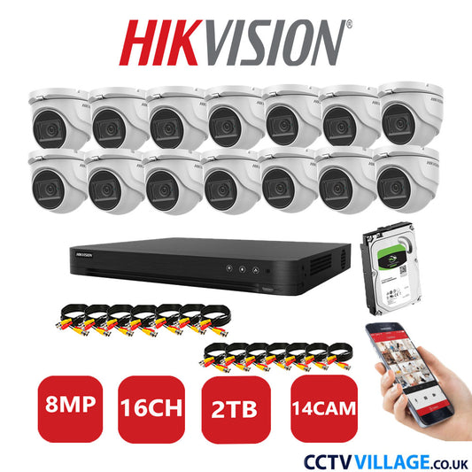 Hikvision 8MP CCTV Kit 16 Channel DVR-iDS-7216HUHI-M2/S with 14x Turret Cameras DS-2CE76U1T-ITMF White 2TB HDD Full Kit