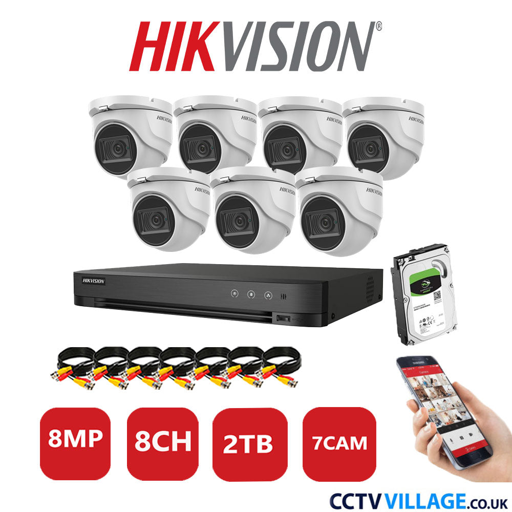 Hikvision 8MP CCTV System 8 Channel DVR-iDS-7208HUHI-M1/S with 7x Turret Cameras DS-2CE76U1T-ITMF White 2TB HDD Full Kit