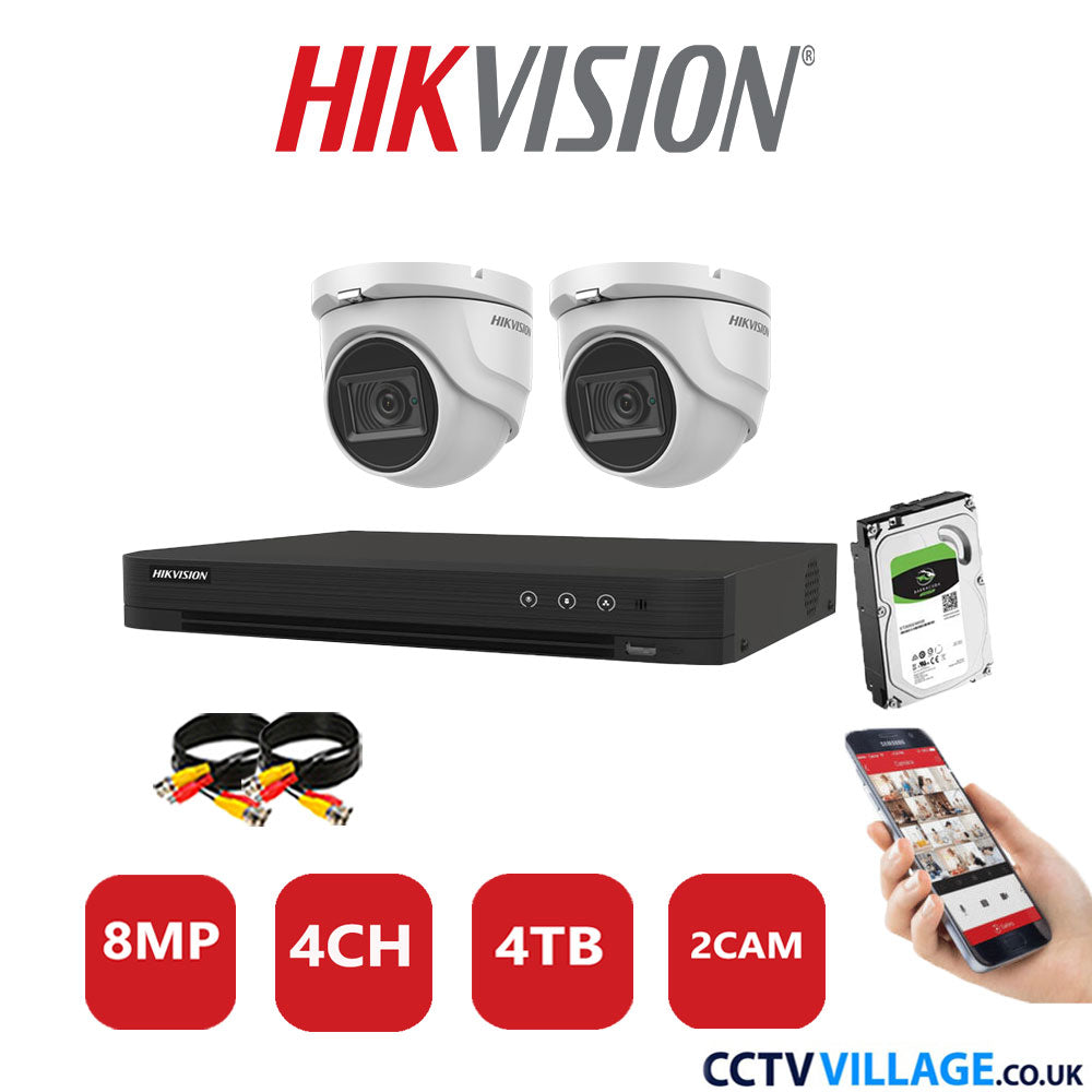 Hikvision 8MP CCTV System 4 Channel DVR-iDS-7204HUHI-M1/S with 2x Turret Cameras DS-2CE76U1T-ITMF White 4TB HDD Full Kit