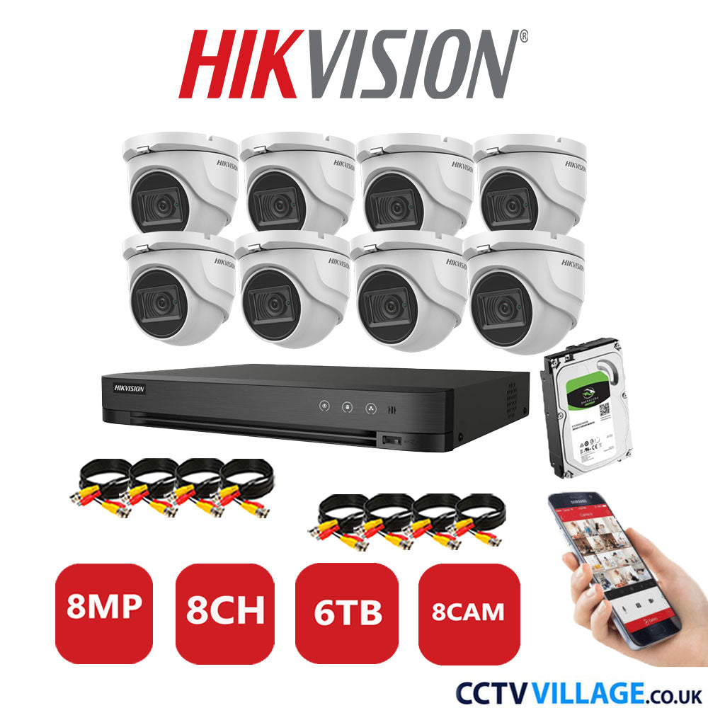 Hikvision 8MP CCTV System 8 Channel DVR-iDS-7208HUHI-M1/S with 8x Turret Cameras DS-2CE76U1T-ITMF White 6TB HDD Full Kit