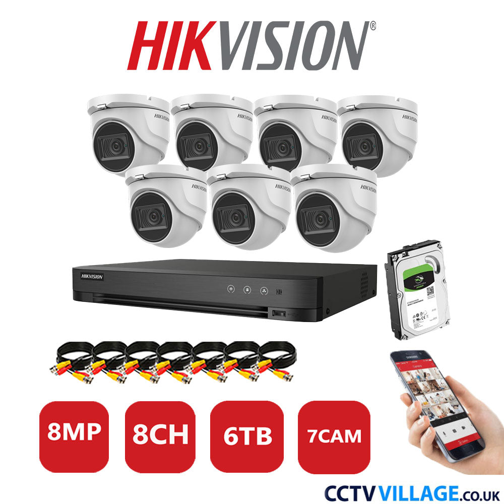 Hikvision 8MP CCTV System 8 Channel DVR-iDS-7208HUHI-M1/S with 7x Turret Cameras DS-2CE76U1T-ITMF White 6TB HDD Full Kit