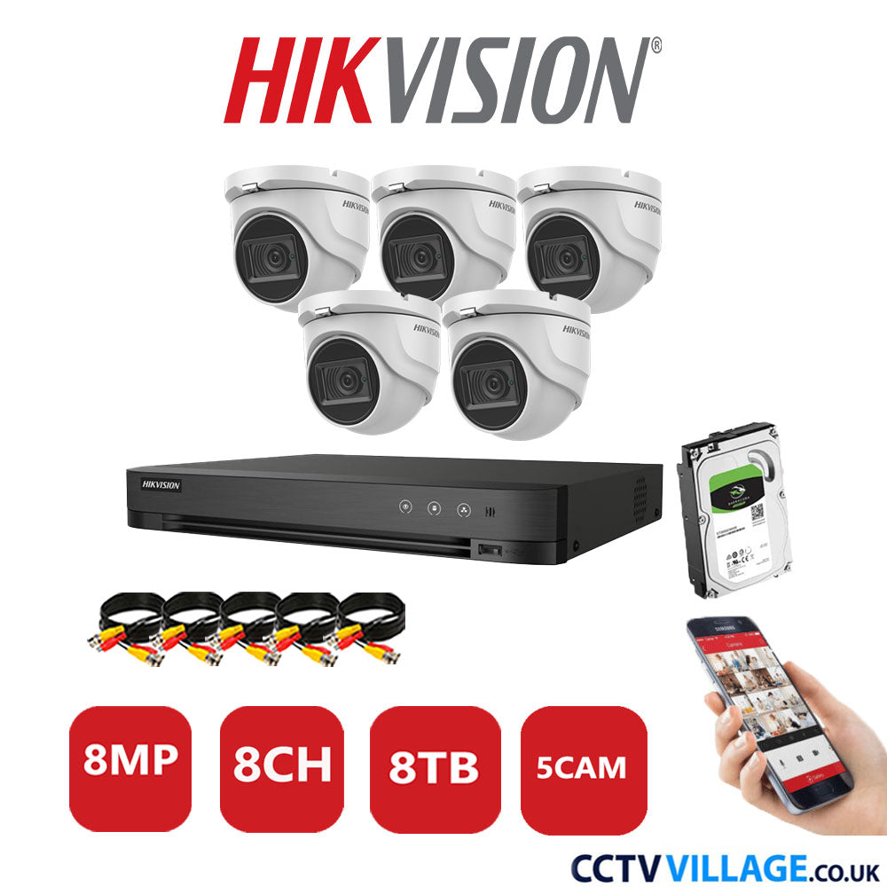 Hikvision 8MP CCTV System 8 Channel DVR-iDS-7208HUHI-M1/S with 5x Turret Cameras DS-2CE76U1T-ITMF White 8TB HDD Full Kit