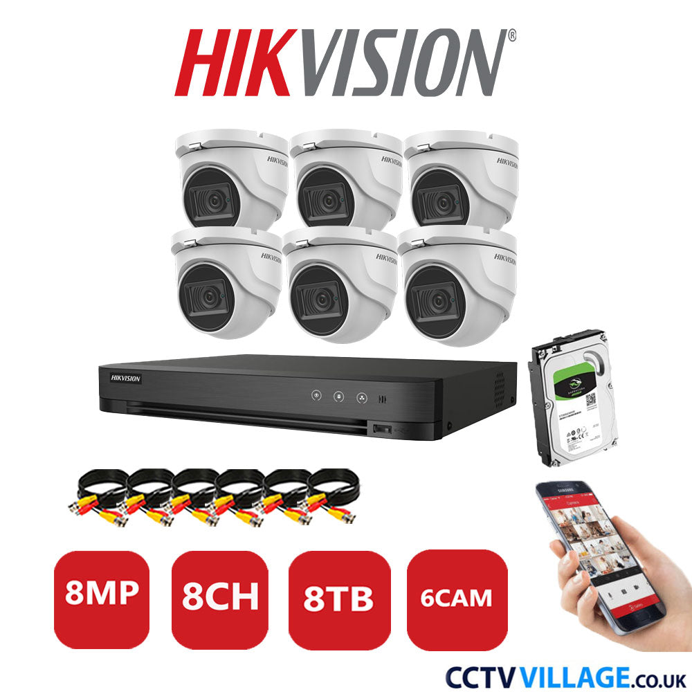 Hikvision 8MP CCTV Kit 8 Channel DVR-iDS-7208HUHI-M1/S with 6x Turret Cameras DS-2CE76U1T-ITMF White 8TB HDD Full Kit