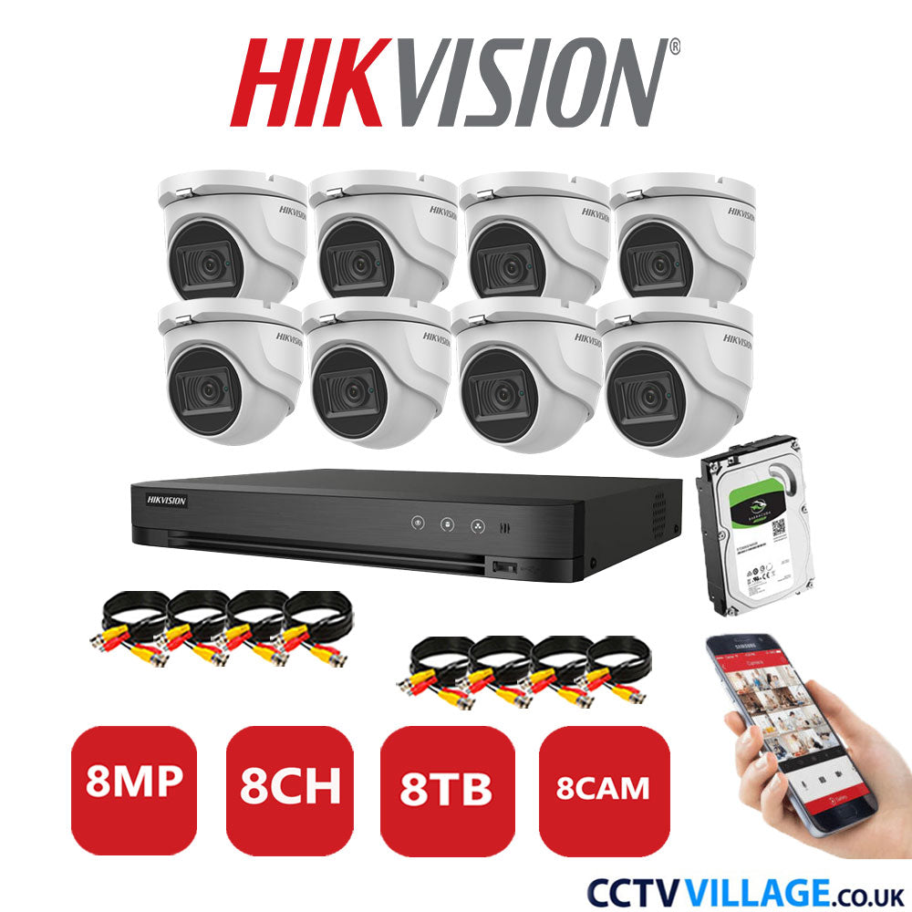 Hikvision 8MP CCTV System 8 Channel DVR-iDS-7208HUHI-M1/S with 8x Turret Cameras DS-2CE76U1T-ITMF White 8TB HDD Full Kit