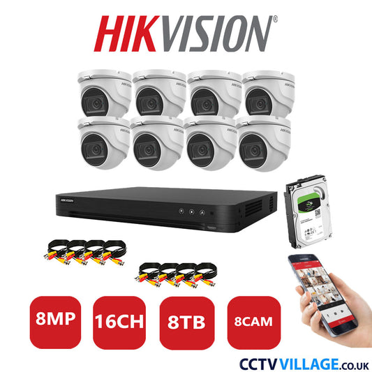 Hikvision 8MP CCTV Kit 16 Channel DVR-iDS-7216HUHI-M2/S with 8x Turret Cameras DS-2CE76U1T-ITMF White 8TB HDD Full Kit