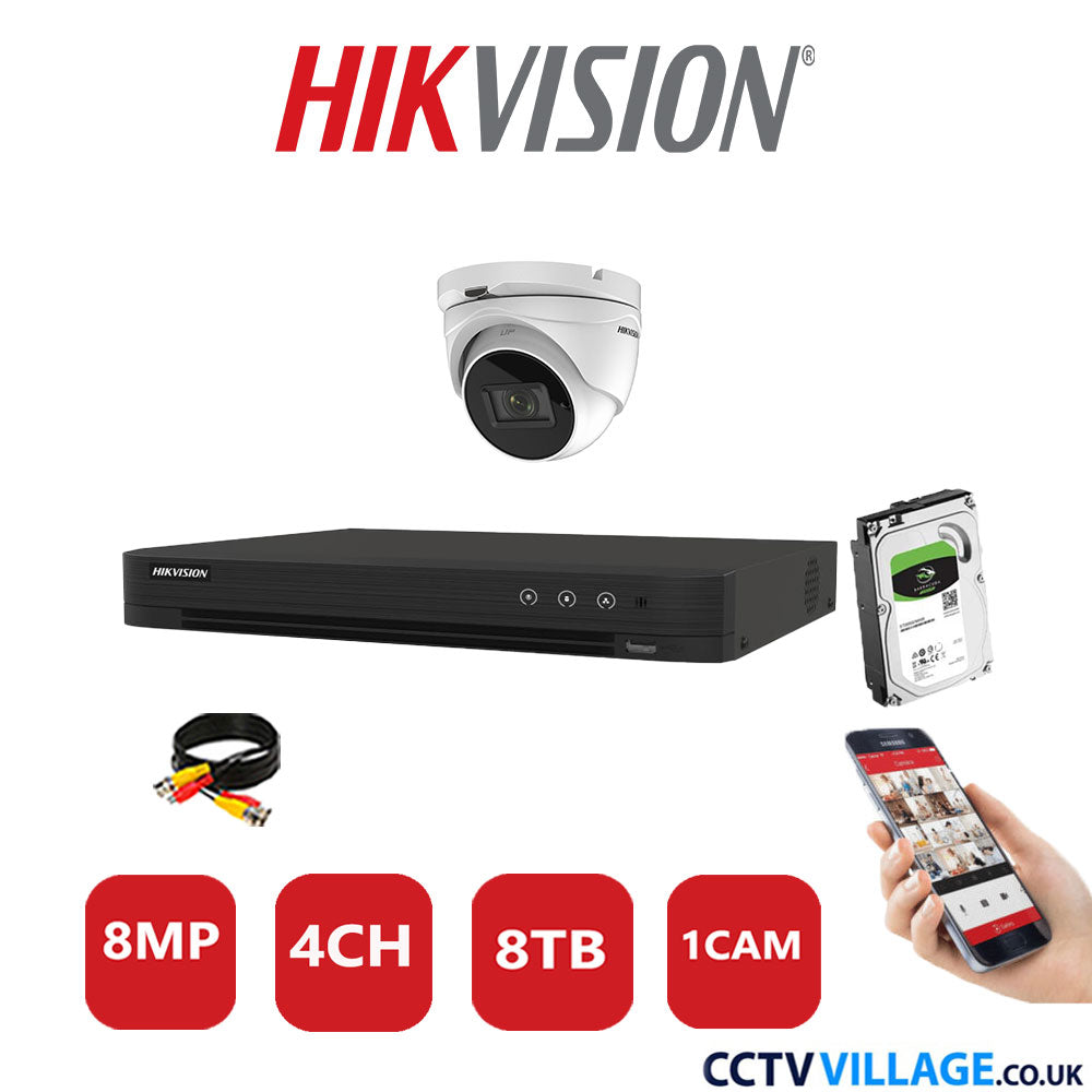 Hikvision 8MP CCTV System 4 Channel DVR-iDS-7204HUHI-M1/S with 1x Turret Camera DS-2CE76U1T-ITMF White 8TB HDD Full Kit