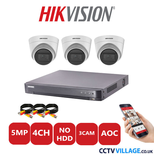 Hikvision 5MP CCTV Kit 4 Channel DVR-iDS-7204HQHI-K1/2S with 3x Turret Cameras DS-2CE78H0T-IT3FS White NO HDD Full Kit