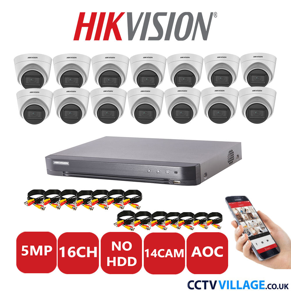 Hikvision 5MP CCTV Kit 16 Channel DVR-iDS-7216HQHI-K1/4S with 14Turret Cameras DS-2CE78HOT-IT3FS White No HDD Full Kit