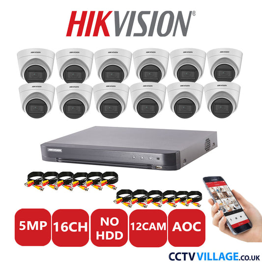 Hikvision 5MP CCTV Kit 16 Channel DVR-iDS-7216HQHI-K1/4S with 12Turret Cameras DS-2CE78HOT-IT3FS White No HDD Full Kit