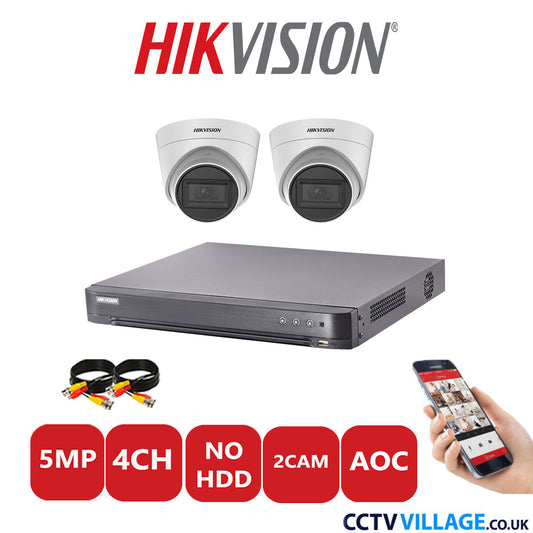 Hikvision 5MP CCTV Kit 4 Channel DVR-iDS-7204HQHI-K1/2S with 2x Turret Cameras DS-2CE78H0T-IT3FS White No HDD Full Kit