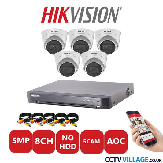 Hikvision 5MP CCTV Kit 8 Channel DVR-iDS-7208HQHI-K1/4S with 5x Turret Cameras DS-2CE78H0T-IT3FS White No HDD Full Kit