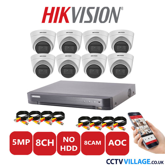 Hikvision 5MP CCTV Kit 8 Channel DVR-iDS-7208HQHI-K1/4S with 8x Turret Cameras DS-2CE78H0T-IT3FS White NO HDD Full Kit